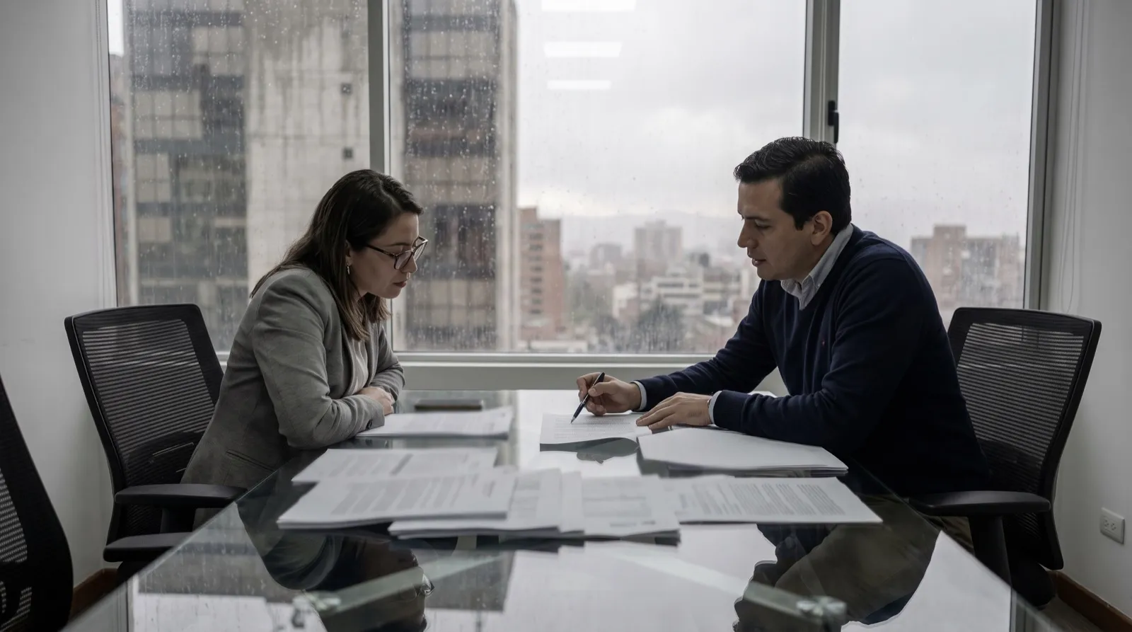 Dos personas comparan documentos impresos sobre la mesa de una sala de juntas con paredes de vidrio.