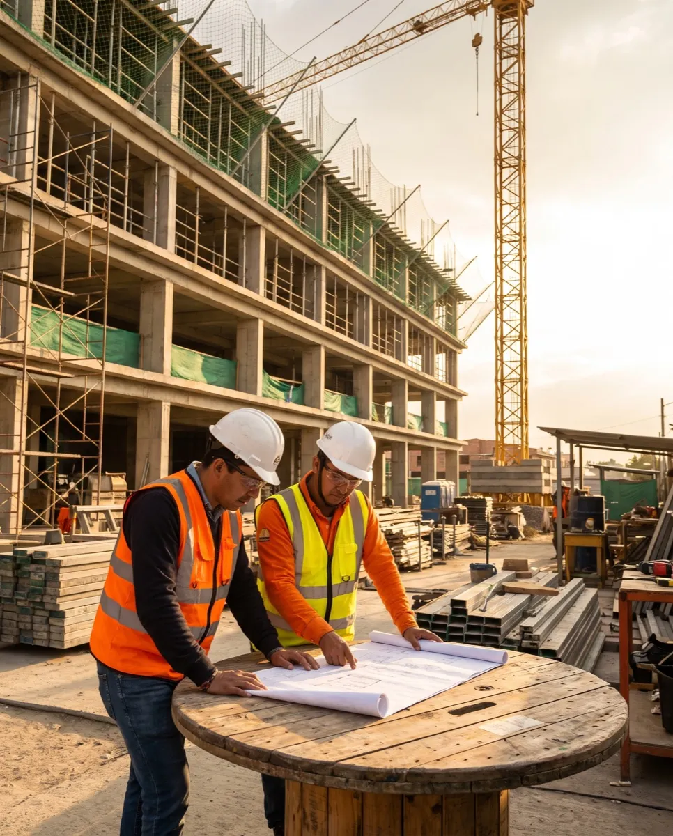 Dos trabajadores con casco y chaleco consultan un plano desplegado sobre una mesa improvisada, con la estructura de la obra y la grúa detrás.