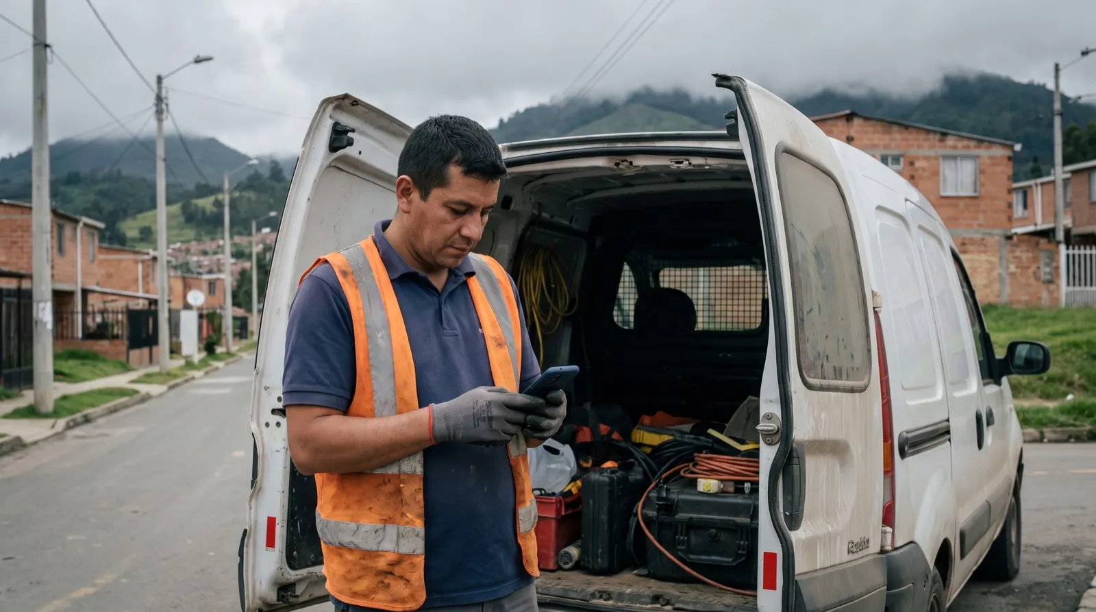 Técnico de servicio con chaleco reflectivo consulta su celular junto a la furgoneta abierta, en una calle de la sabana de Bogotá.