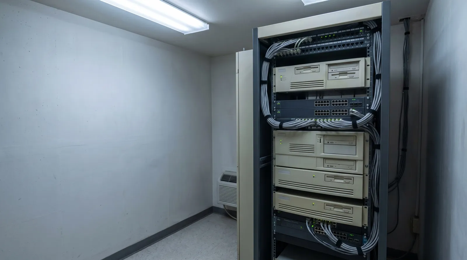 Rack de servidores de una generación anterior, con el cableado ordenado y las luces encendidas, en un cuarto técnico limpio.