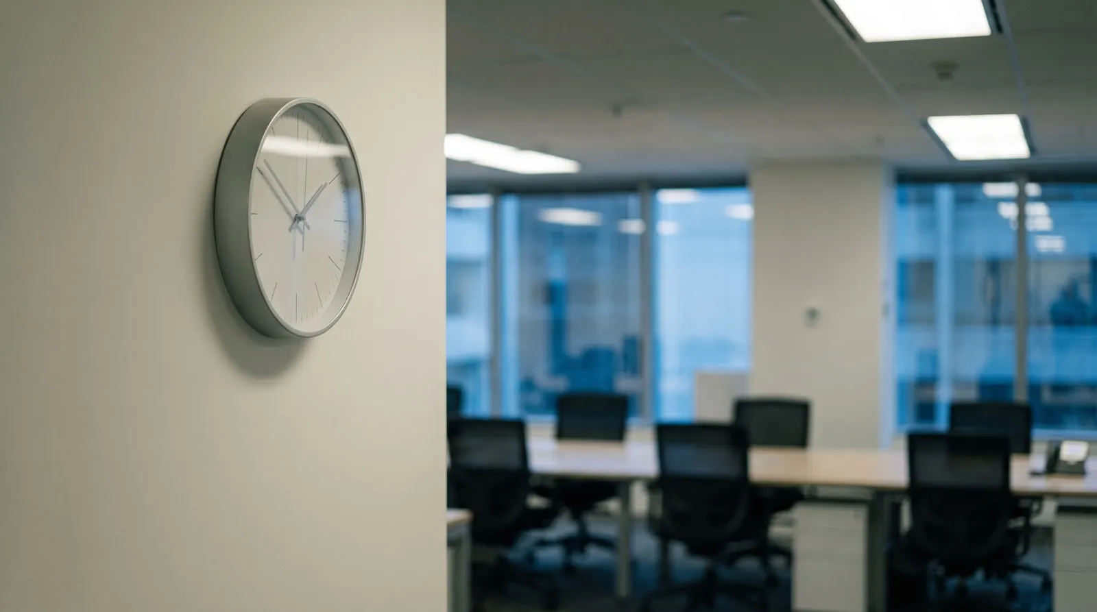 Reloj de pared analógico sobre una oficina abierta y ya vacía al final de la jornada.