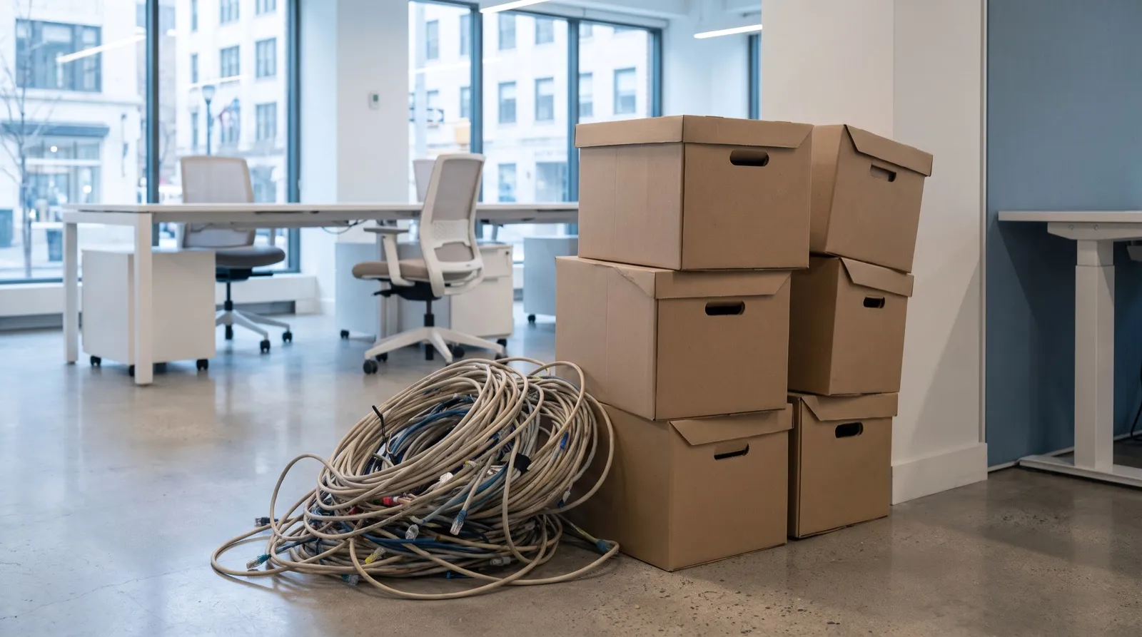 Cajas de archivo apiladas junto a un rollo de cables de red viejos, en una oficina moderna.