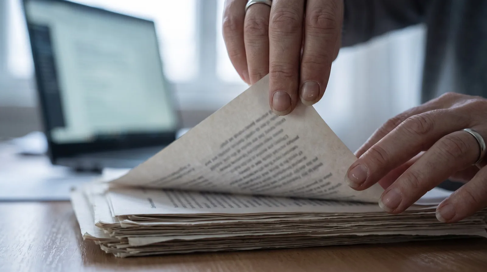 Primer plano de unas manos revisando una pila de documentos impresos sobre un escritorio, con un portátil desenfocado detrás.