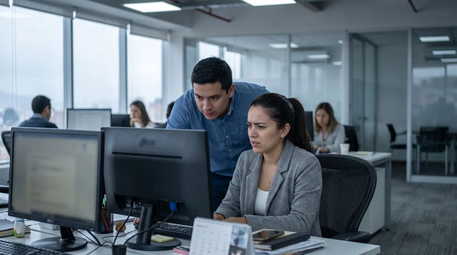 Una analista mira con preocupación la pantalla mientras un compañero se asoma a revisar lo mismo, en el área financiera de una empresa.