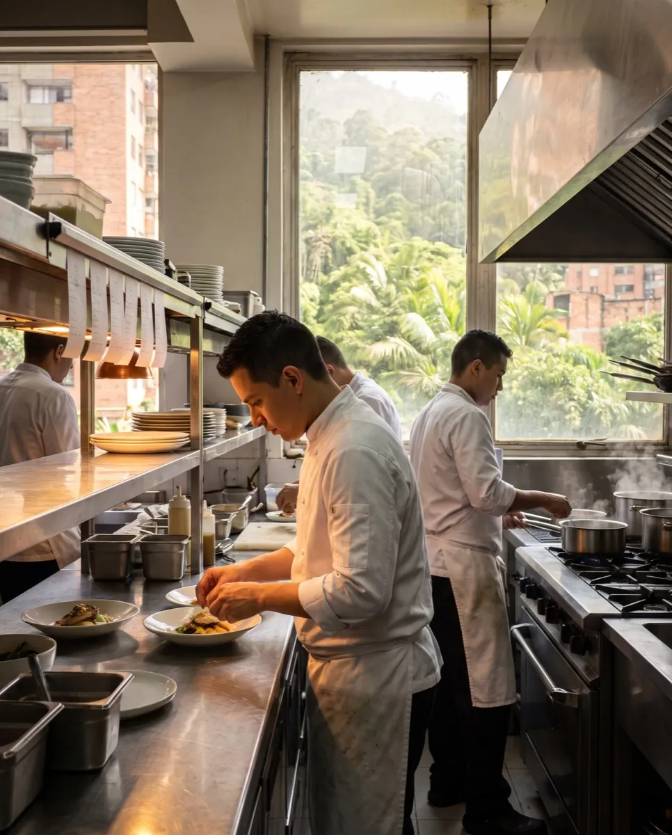 Cocina profesional de un restaurante durante el servicio: un cocinero emplata bajo las lámparas del pase, con las comandas colgadas en el riel.