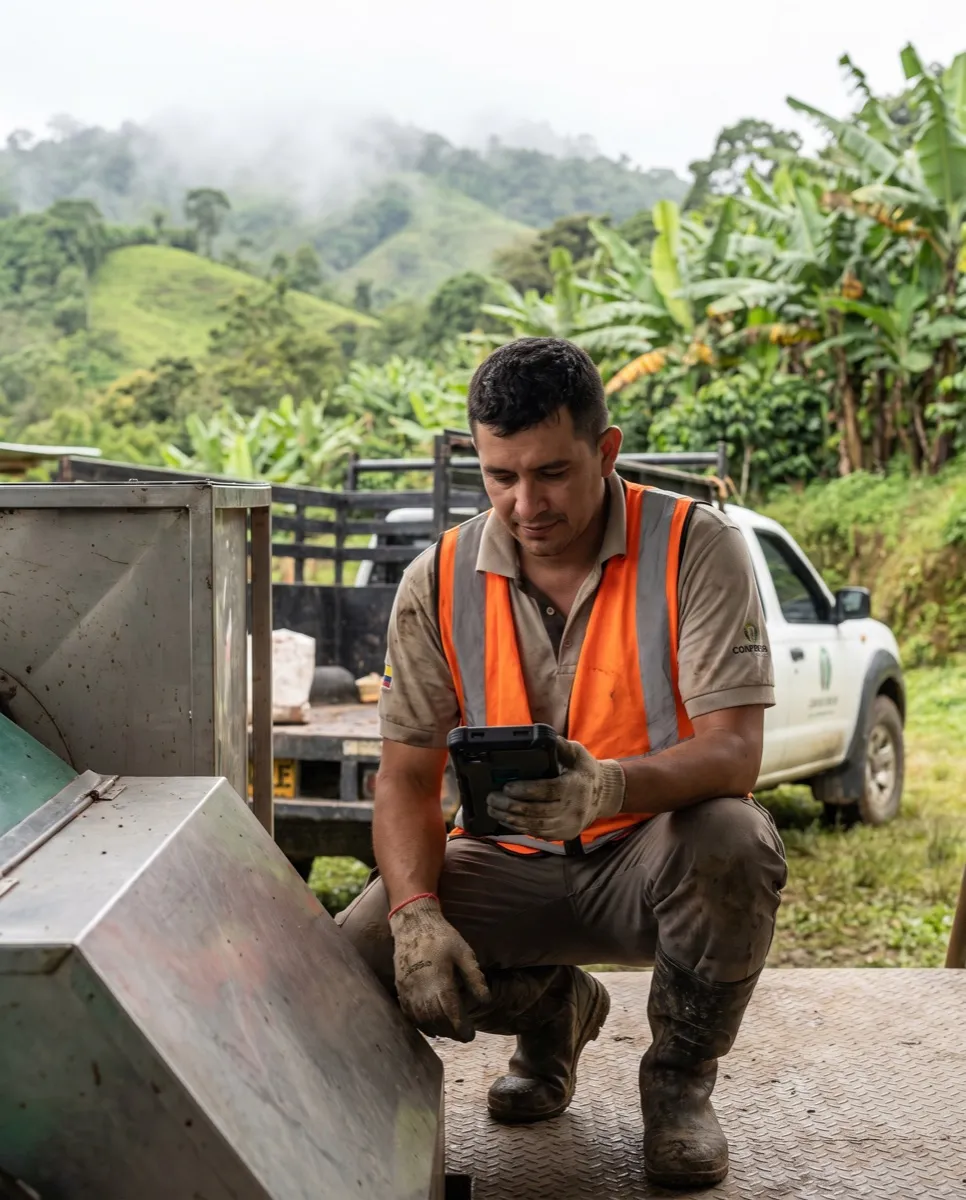 Técnico de servicio arrodillado junto a un equipo industrial a la intemperie, revisando su terminal, con vegetación de zona cafetera alrededor.