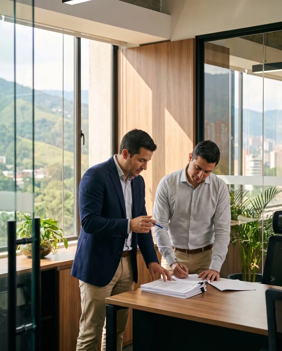 Dos consultores de pie frente a un escritorio revisan informes impresos, en una oficina con madera y vidrio y las montañas por la ventana.