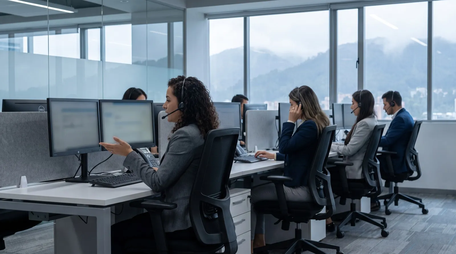 Fila de agentes de servicio al cliente con diadema atendiendo desde sus escritorios, con los cerros de Bogotá al fondo.